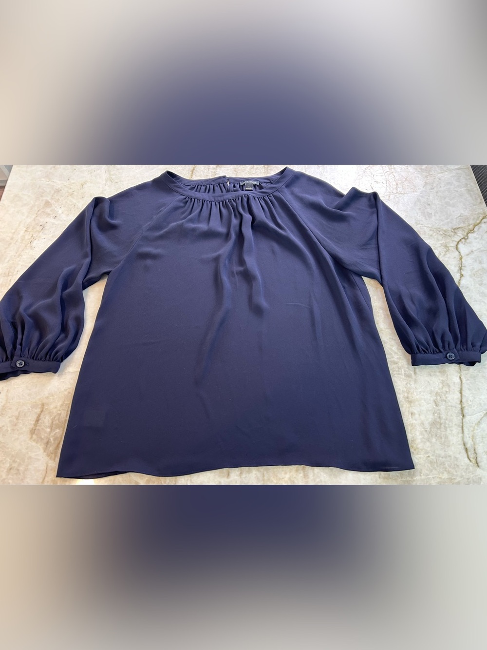 Ann Taylor Navy Blue Satin Blouse Long Sleeve Gathered Neck Size Small